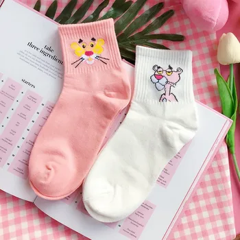 Japonský Kawaii! Ženy Zvieratá Výšivky Cartoon Trubice Ponožky Roztomilý Pink Panther Bavlnené Ponožky Harajuku Dámy Legrační Farebné Ponožky