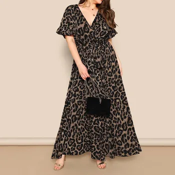 Móda Ženy Sexy Plus Veľkosť Šaty Leopard Tlač tvaru Krátky Rukáv Obväz Šaty Krátke Rukáv Pletené Veľké Bežné Šaty#P2