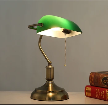 Doprava zadarmo starožitné vintage film stolná lampa zelená sklenený kryt bronz, železo base štúdia svetlá staromódnou osvetlenie