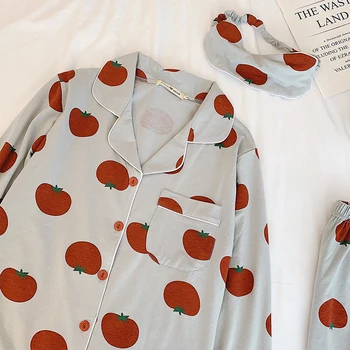 Pijama Jar A AutumnTurn-dole Golier s Vrecku Sleepwear Top+Nohavice Ženy Bavlna Pajama Sady Dlhý Rukáv