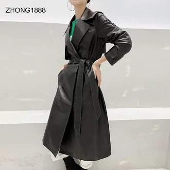 Haining concubine jeseň oblečenie ovce kožené windbreaker strednej dĺžky pravej kože kabát žien pás slim módne kabát