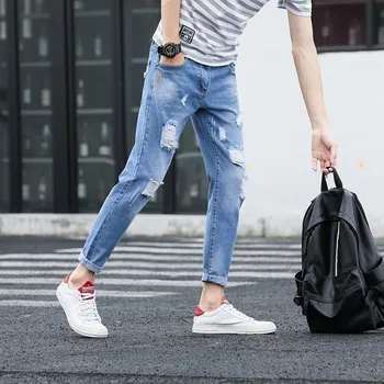 V lete roku 2020 Módne Denim tenké mužov Roztrhlo otvor členok dĺžky džínsy mužov kórejský štíhle nohy žobrák nohavice mužov voľné nohavice