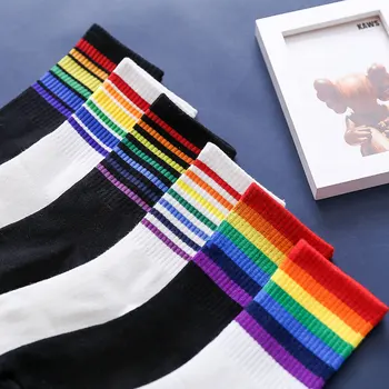Retro Farebné Pruhy Rainbow Ženy Členok Bavlna Zimné Ponožky Harajuku Vianočný Darček Lady Teplé Bežné Príliv kórejský Biele DOPLNKY