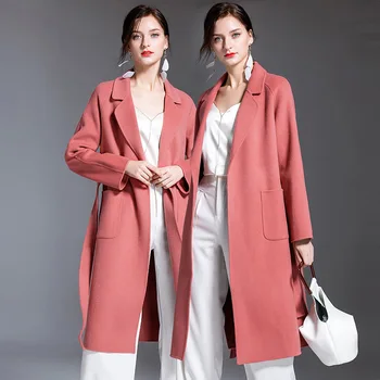 Ženy obojstranný ružová slim windbreaker vlna cashmere zimné zvrchníky vlnené plášte high-end dlho ručné outwear nadrozmerná