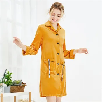 Bežné dámy velvet odev Sleepshirts Jeseň zima sexy tričko s dlhým rukávom šaty vintage Yellow Tlačidlo krátke sleepwear RU
