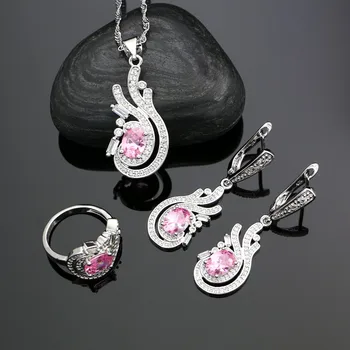 925 Sterling Silver Šperky Sady Pre Ženy Ružovými Zirkónmi White Crystal Náušnice, Prívesok, Prsteň Náhrdelník Strieborný Set Šperkov