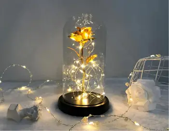 Zlaté Fólie Rose LED Medený Drôt Svetlo Sklenený Kryt Drevený Základ Noc Lampa Domov Spálňa Imitácia Večný Kvet Dovolenku Dekorácie