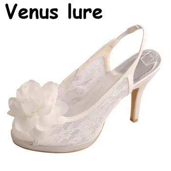 Venuša lákať Biele Čipky Topánky pre Ženy s Kvetinou Vysokým Podpätkom Svadobné Sandále