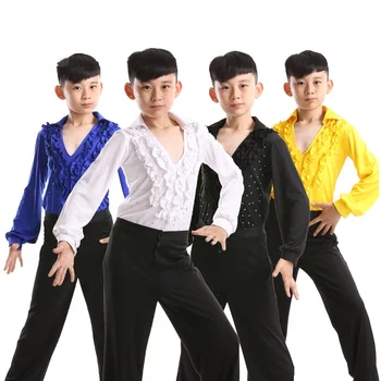 Deti, Chlapci latinskej Dancewear Ruffly Oblečenie Žltá Modrá Biela Čierna Moderná tanečná Sála Fáze Detí latinskej Tanca Tričko+Nohavice Oblek