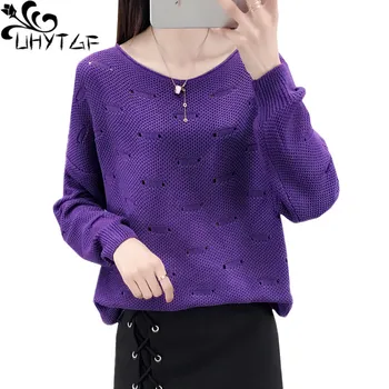 UHYTGF Bat tričko Pletený sveter dámske kórejský dlhým rukávom pulóver jar sveter Žena duté Voľné tenké plus veľkosť svetre 215
