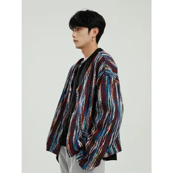 Tvaru Farby Pruhovaný Sveter Sveter Bunda pre Mužov Japonsko Kórea Streetwear Vintage Módy Muž Pletenie Kabát vrchné oblečenie