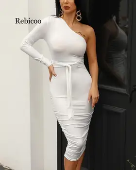 Ženy Elegantný Módy Sexy Biele Koktail Party Slim Fit Šaty Jedno Rameno Belted Ruched Dizajn Bodycon Midi Šaty