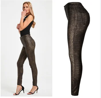 K032#Fashion nové 2020 nový produkt tesný dámske nohavice vysoký pás PU sexy nohy krokodíla vzor koženka nohavice,
