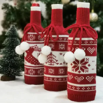 Vianočné Dekorácie pre Domov Snowflake Elk Dekor Nový Rok Fľaša Vína Kryt Pletené Taška pre Stranu Červené Biele Stolové Dekorácie