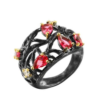 Kúzlo Ženy Red Crystal Kamenný Kruh Klasické Čierne Zlato Duté Zásnubné Prstene Pre Ženy Vintage Kvapka Vody Snubný Prsteň