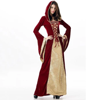 Halloween Dospelých Kráľovná Cosplay Kostým Ženy Európskej Palác Cisárovná Šaty S Kapucňou Fantázie Výkon Strany Červené Dlhé Šaty Dievča