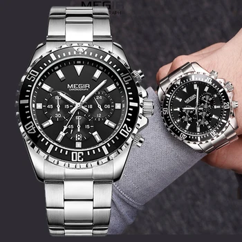 MEGIR Top Luxusné Značky Sledovať Mužov Analóg Quartz Chronograf Náramkové Hodinky Plné Nehrdzavejúcej Ocele Kapela Náramkové hodinky Auto Dátum