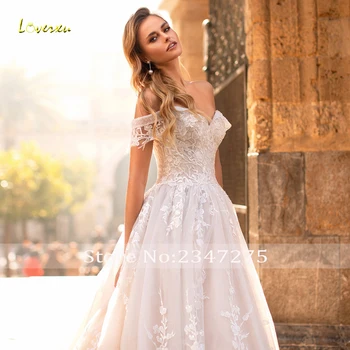 Loverxu Vestido De Noiva Loď Krku Čipky Princezná Svadobné Šaty 2021 Appliques Korálkové Súd Vlak Line Vintage Svadobné Šaty