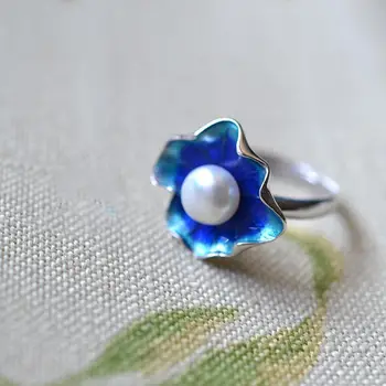 Striebrom vykladané prírodné South Sea pearl spálené modrá cloisonne lotus leaf náušnice Čínsky elegantný retro šarm ženy značky šperky