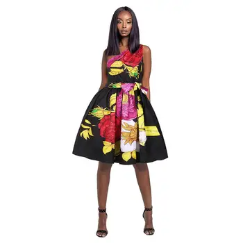 FADZECO Afriky Šaty pre Ženy midi šaty Veľké Lem Jedno Rameno bez Rukávov Kravatu Pás Riadok Dashiki Strany Afrických Oblečenie