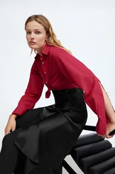 2020 jeseň Nové červené Popelín Krátke Tričko zaraing-štýl za ženy 2020 sheining vadiming žena, blúzky, košele C2201