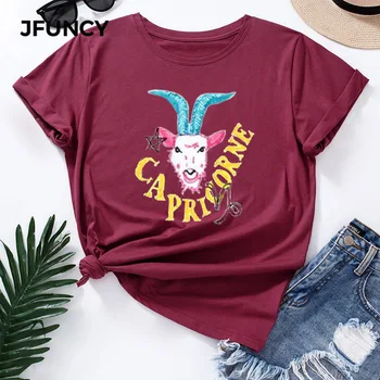 JFUNCY Plus Veľkosť Bavlna T-Shirt Ženy Tričko Kozorožec Tlač Krátky Rukáv Žena Košele Príležitostné Letné Grafické Tees Žena