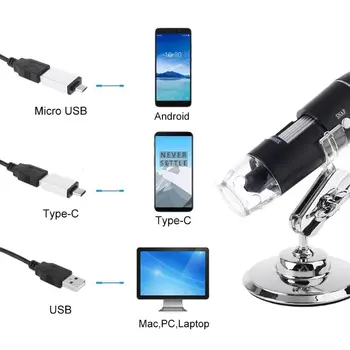 3-v-1 Digitálny Mikroskop 1600X Prenosné 2Adapters Podporu OSX Windows PC Typ-C Micro-USB Phone USB zväčšovacie sklo s 8LED