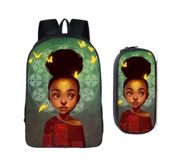 2 ks/set afro dievčatá tlač Batoh + ceruzka taška pre Dospievajúce Dievčatá Detí, Školské tašky študent Prípade deti bookbag