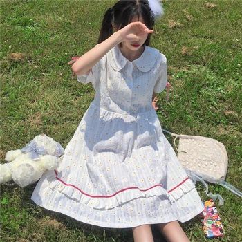 Japonský Lolita mäkké sestra škole štýl dlhé šaty sladké dievča bábiku golier šaty malé chryzantéma voľné čipky loli čerstvé ša