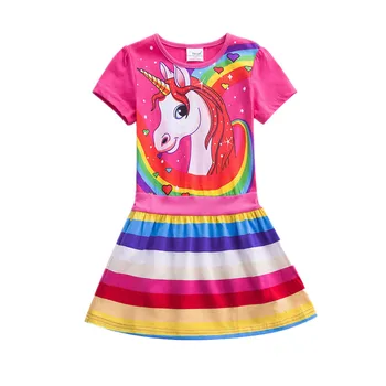 Dievčenské letné šaty nové pony-krátke rukávy šaty dievčatko okolo krku karikatúra tlače vzor bavlna bežné krátkym rukávom šaty