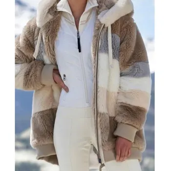 Zimné Kontrastné Plyšové Vatovaný Kabát Teplé Loose Fit Zips Uzavretie Kabát s Kapucňou Rôzne Farby, vrchné oblečenie pre Ženy-B5