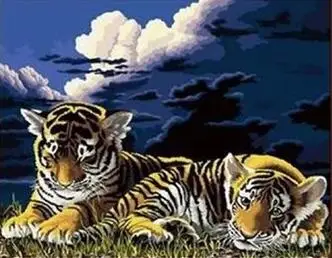 Tiger Mláďatá v noci Zarámované Akrylová Farba podľa Počtu auta 40x50cm ručne maľované maľovanie podľa čísel