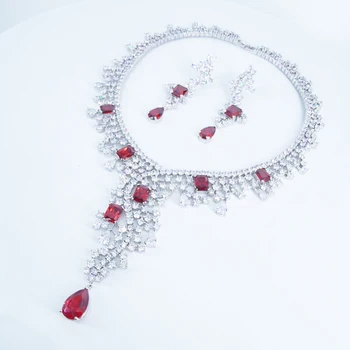 2021 nové módne red crystal kvapka vody CZ zirkón svadba nevesta hostiny, formálne šaty náhrdelníky náušnice šperky set doprava zadarmo
