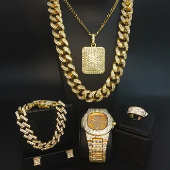 Luxusné Mužov Zlatá Farba Watch & Náhrdelník & Náramok & Krúžok & Náušnice Kombinovaný Set Ľadu Z Kubánskej Hodinky Hip Hop Náhrdelník reťazca Pre Mužov