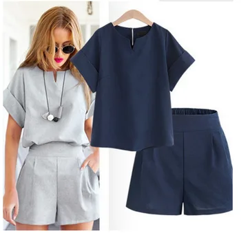 2020 Ženy Lete Bežné Bavlnené Obliečky tvaru Krátky Rukáv Topy + Šortky Dve Kus Ženskej Office Suit Nastaviť WS50