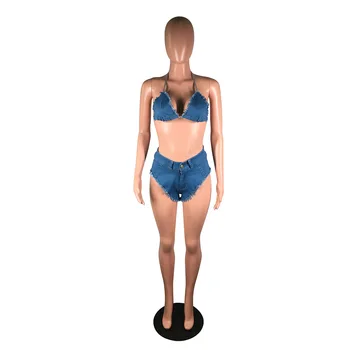 Nový sexy pevné bikini dvoch-dielny módne slim hlboké V-neck bez rukávov tube top a šortky dámske kovboj oblek