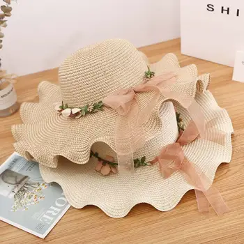Letné Kórejský Dámy Klobúk Veľké Vlny, Flower Sun Hat Pláži Vonkajšie Slnko Klobúk Opaľovací Krém Slamený Klobúk