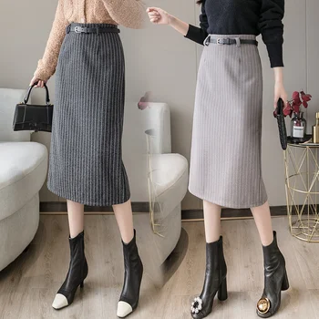2020 Jeseň Zima Prúžok Vlnené Sukne pre Ženy-line Módne Pracovné oblečenie Vysoký Pás OL Lady Midi Sukne Ženy
