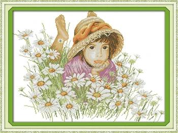 Dievčatko v kvety záhrada maľovanie počíta tlač na plátno 14CT 11CT DMC Cross Stitch súpravy na Vyšívanie, Sady Výšivky