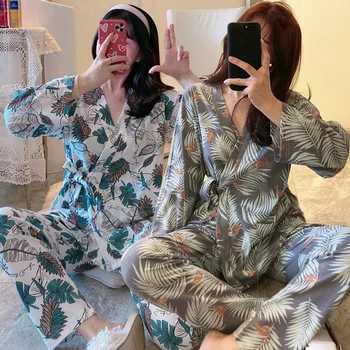 2020 Jeseň Zima Dlhý Rukáv Bavlna Kimono Pajama Sada pre Ženy Tlač Sleepwear Vyhovovali Pyžamo oblečenie pre voľný čas Pijama Mujer Domáce Oblečenie