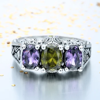 Hainon Nové Módne Vintage Anti Strieborná Farba Sľub Krúžky Purple Green Crystal Nové Šperky Kubický Zirkón Zásnubný Prsteň