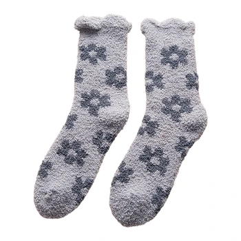Ženy Coral Velvet Fuzzy Črievičku Ponožky Kvetinový Žakárové Teplé Spanie pančuchový tovar U90E