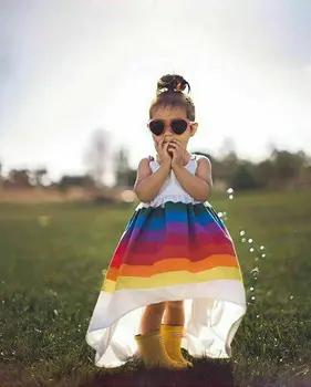 Deti, Dievčatá Princezná Šaty Dieťa Strany Sprievod Bežné Rainbow Leto Bez Rukávov Backless Popruh Rainbow Beach Tutu Šaty