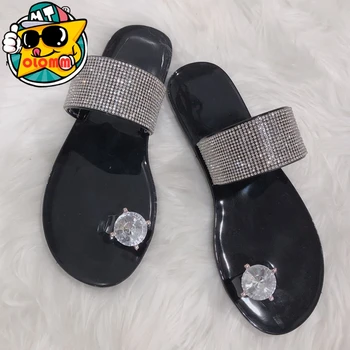 Hot Predaj Letné Byt Papuče Ženy Sandále Drahokamu Pláže Topánky Nepremokavé Čierne topánky Prst Sandále
