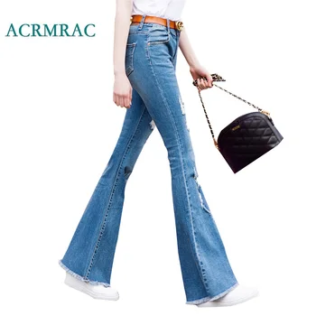 ACRMRAC dámske džínsy Nové 2018 Jar a na jeseň Slim Svetlo modrá Stredný pás strapec Otvory Chudá Obličkového Nohavice Plnej Dĺžky džínsy
