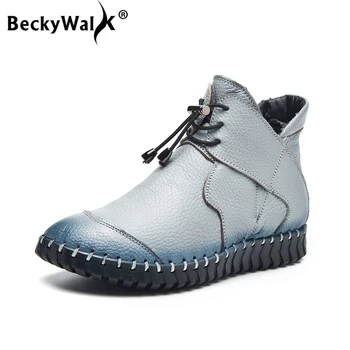 BeckyWalk 2021 Ženy, Členkové Topánky Zimné Topánky Žien Originálne Kožené šnurovacie Plyšové Čižmy Veľká Veľkosť Dámy Topánky WSH3070