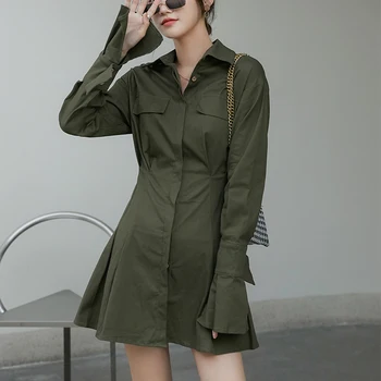 FORYUNSHES Ženy ' s Army Zelená Slim Skladaný Šaty Dámske Singel svojim Sexy Svetlice Dlhý Rukáv Mini Šaty 2020 Jesenná Móda