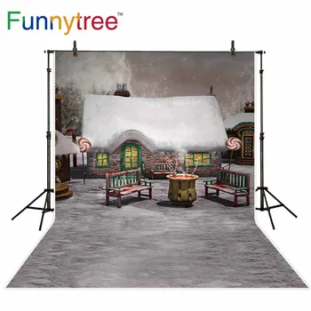 Funnytree kulisu pre fotografické štúdio malý dom Vianočný zimné lavičke rozprávka deti pozadí photocall tlačené