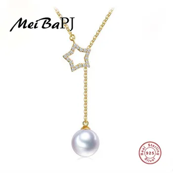 [MeibaP]S925 mincový striebro 8-9mm Prírodné Sladkovodné Perly Prívesok Náhrdelník pentagram päť-špicaté hviezdy Šperky pre Kúzlo Ženy