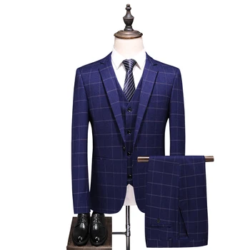 Jeseň nový (Bunda+Vesta+Nohavice) Muži Svadobný Oblek Muž Blejzre Slim Fit Obleky, Kostýmy Business Formálnej Strany Klasické Modré S-4XL